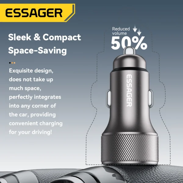 ⁦Essager شاحن سيارة USB-C 45 واط – بمنفذين PD3.0 & QC3.0 وشاشة رقمية⁩ - الصورة ⁦4⁩