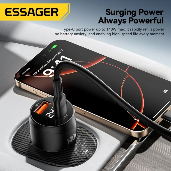 ⁦Essager 140W – شاحن سيارة فائق السرعة PD 3.1 / QC 4.0 بمنفذ USB-C للأجهزة المحمولة⁩ - الصورة ⁦3⁩