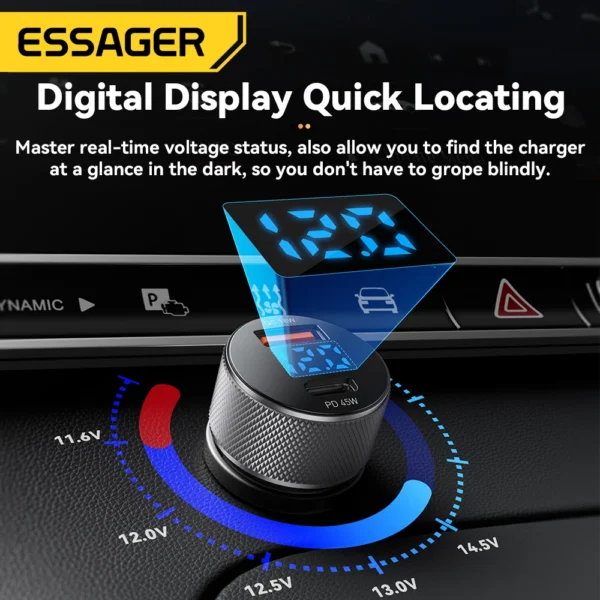 ⁦Essager شاحن سيارة USB-C 45 واط – بمنفذين PD3.0 & QC3.0 وشاشة رقمية⁩ - الصورة ⁦3⁩