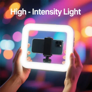 ضوء سيلفي LED حلقي محمول – قابل للشحن مع حامل للهاتف