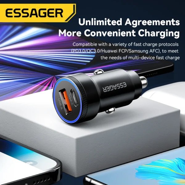 ⁦Essager 54W – شاحن سيارة USB سريع ثنائي المنفذ QC 3.0 / SCP / AFC / PD⁩ - الصورة ⁦3⁩