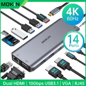 محور MOKiN USB-C متعدد المنافذ – 4K 60Hz، HDMI / DP / VGA / Ethernet / USB 3.1 / PD 100W – لماك بوك Air/Pro M1/M2
