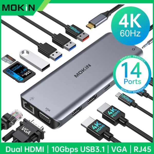 محور MOKiN USB-C متعدد المنافذ – 4K 60Hz، HDMI / DP / VGA / Ethernet / USB 3.1 / PD 100W – لماك بوك Air/Pro M1/M2