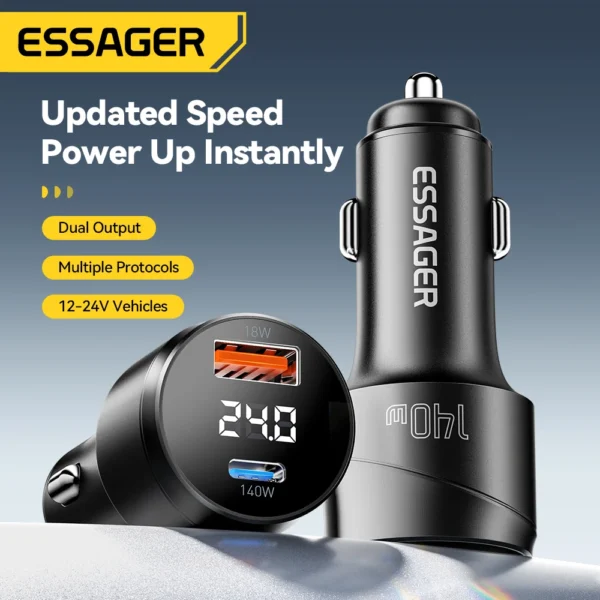 ⁦Essager 140W – شاحن سيارة فائق السرعة PD 3.1 / QC 4.0 بمنفذ USB-C للأجهزة المحمولة⁩ - الصورة ⁦2⁩