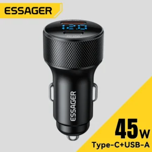 Essager شاحن سيارة USB-C 45 واط – بمنفذين PD3.0 & QC3.0 وشاشة رقمية
