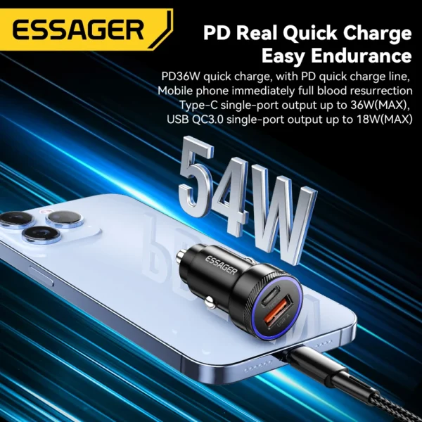 ⁦Essager 54W – شاحن سيارة USB سريع ثنائي المنفذ QC 3.0 / SCP / AFC / PD⁩ - الصورة ⁦2⁩
