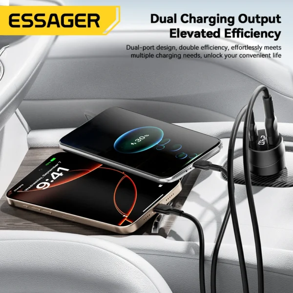 ⁦Essager 140W – شاحن سيارة فائق السرعة PD 3.1 / QC 4.0 بمنفذ USB-C للأجهزة المحمولة⁩ - الصورة ⁦5⁩